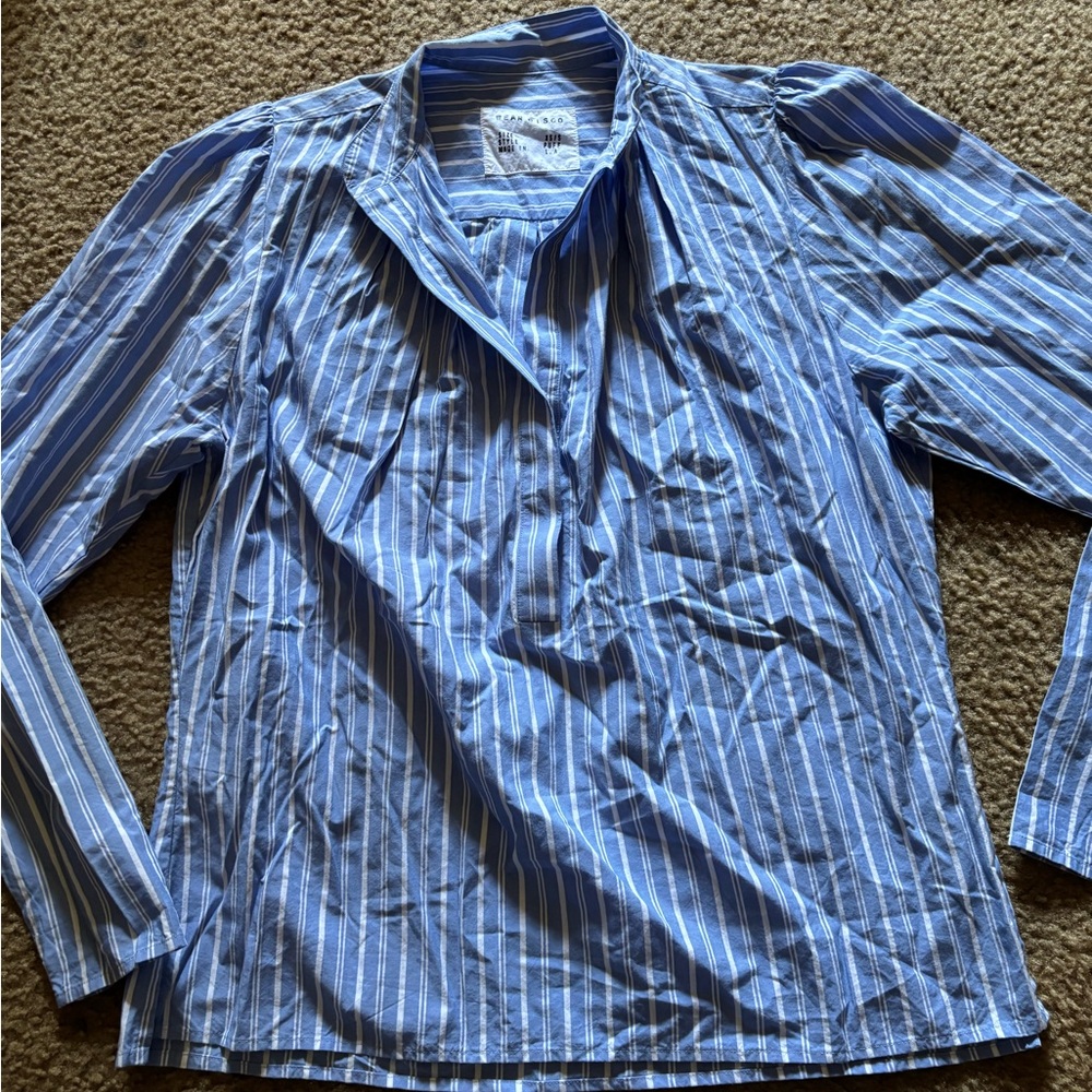 Wear Cisco Top Women's XS Striped Blue White Puff Sleeve Button Up